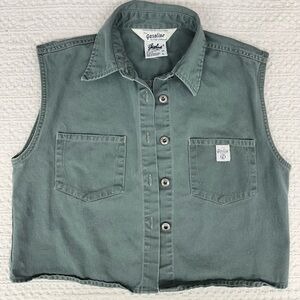 Vintage Gasoline Sleeveless Button-Up Crop Shirt/Vest in Sage Green Size Large